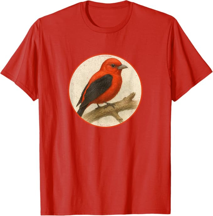 Scarlet Tanager T-Shirt Retro Design by Bird.fan | Men's Birding Graphic Tee