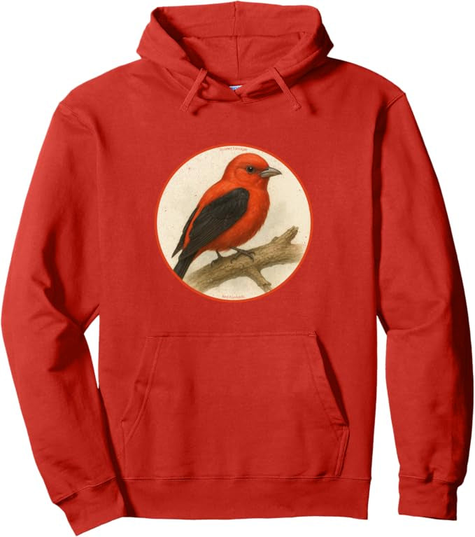 Scarlet Tanager Retro Bird Design Unisex Pullover Hoodie by Bird.fan