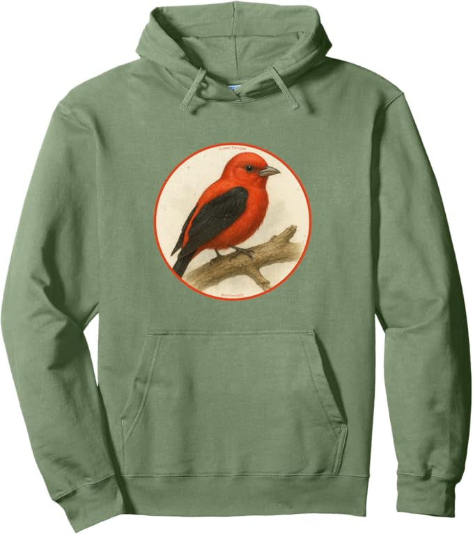 Scarlet Tanager Retro Bird Design Unisex Pullover Hoodie by Bird.fan
