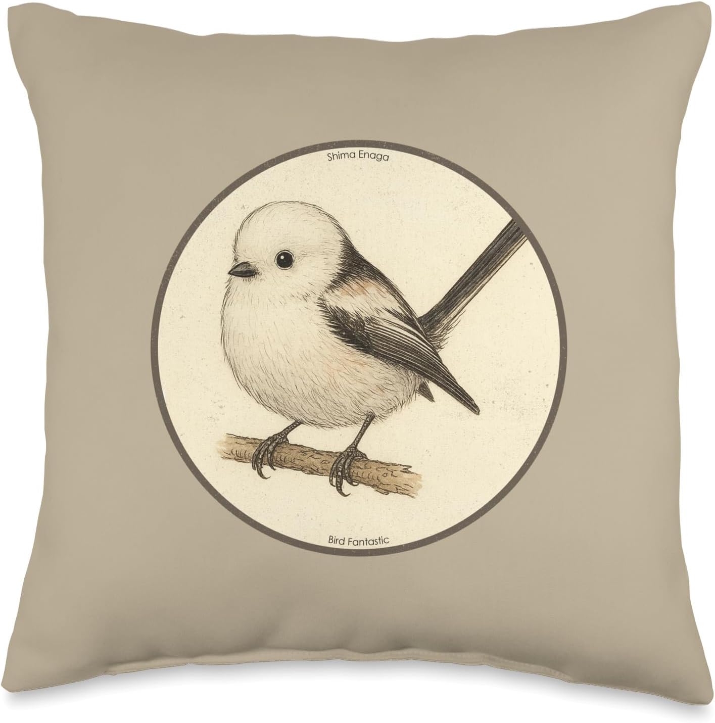 Retro Shima Enaga “Japanese Snow Fairy Bird” Design Throw Pillow | by Bird Fantastic
