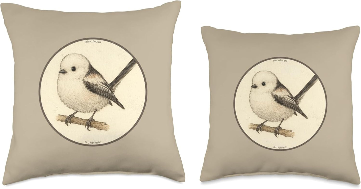 Retro Shima Enaga “Japanese Snow Fairy Bird” Design Throw Pillow | by Bird Fantastic