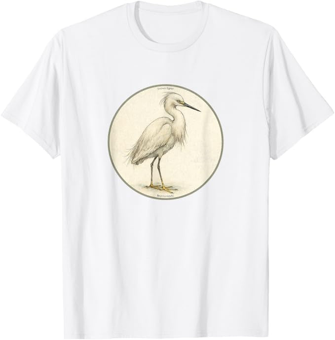 Snowy Egret T-Shirt Retro Design by Bird.fan | Men's Birding Graphic Tee