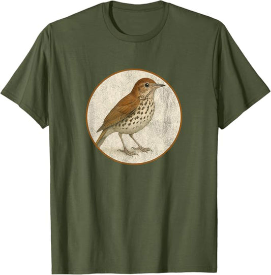 Wood Thrush T-Shirt Retro Design by Bird.fan | Men's Birding Graphic Tee