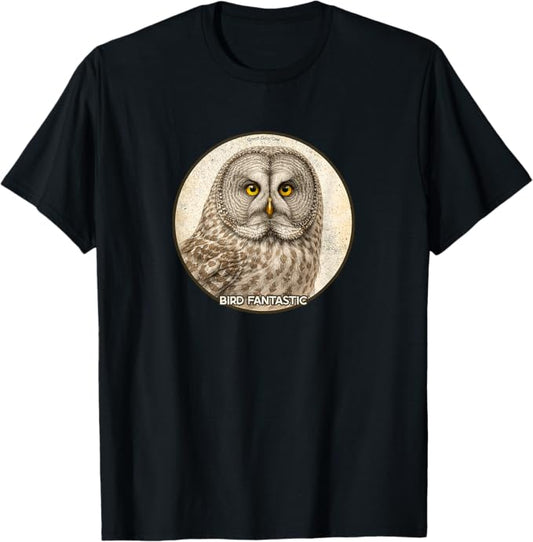 Retro Great Gray Owl T-Shirt Design 10 Colors by Bird Fantastic | Birding Graphic Tee