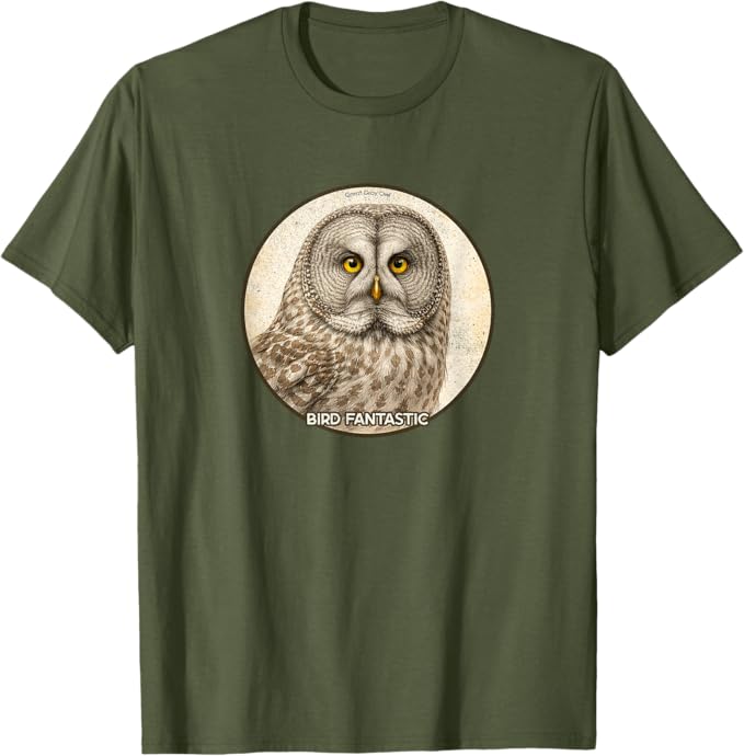 Retro Great Gray Owl T-Shirt Design 10 Colors by Bird Fantastic | Birding Graphic Tee